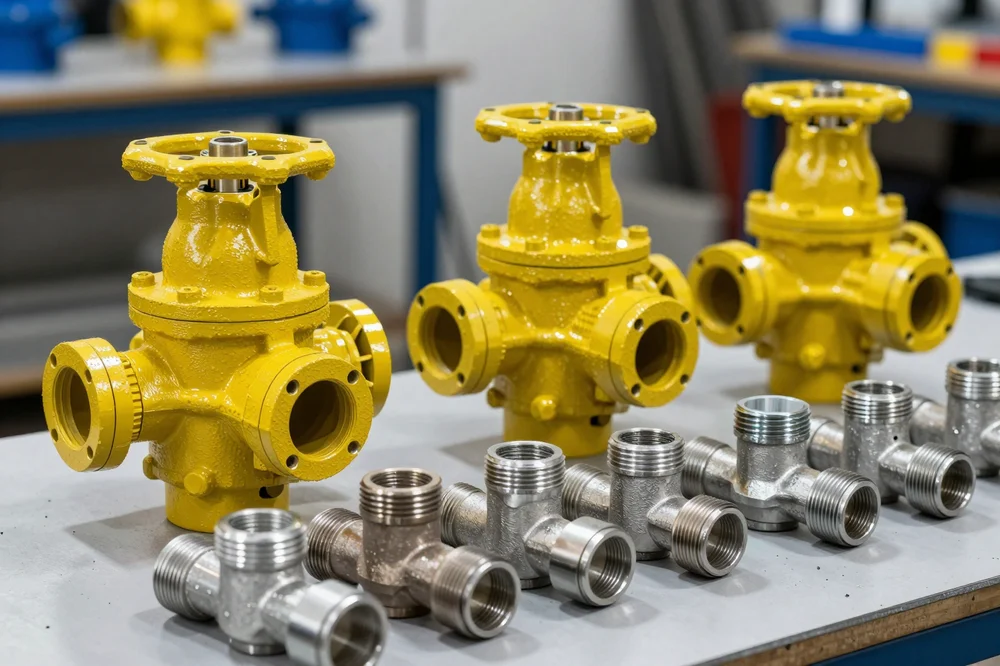 Sarı toz boyalı doğalgaz vana gövdeleri ve bağlantı parçaları